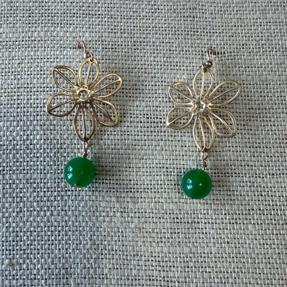 Gold Floral and Green Jade Bead Drop Earrings